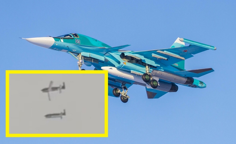 Российская пропаганда опубликовала первое видео пуска аналога JDAM истребителем Су-34 – ролик демонстрирует бомбу ФАБ-500 М62 с модулем планирования и коррекции